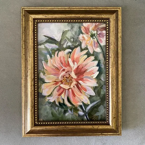Original small acrylic floral painting titled Dahlia Garden by fine artist Lisa Livingston. Vibrant botanical art study on archival wood panel, available via the Studio Store.