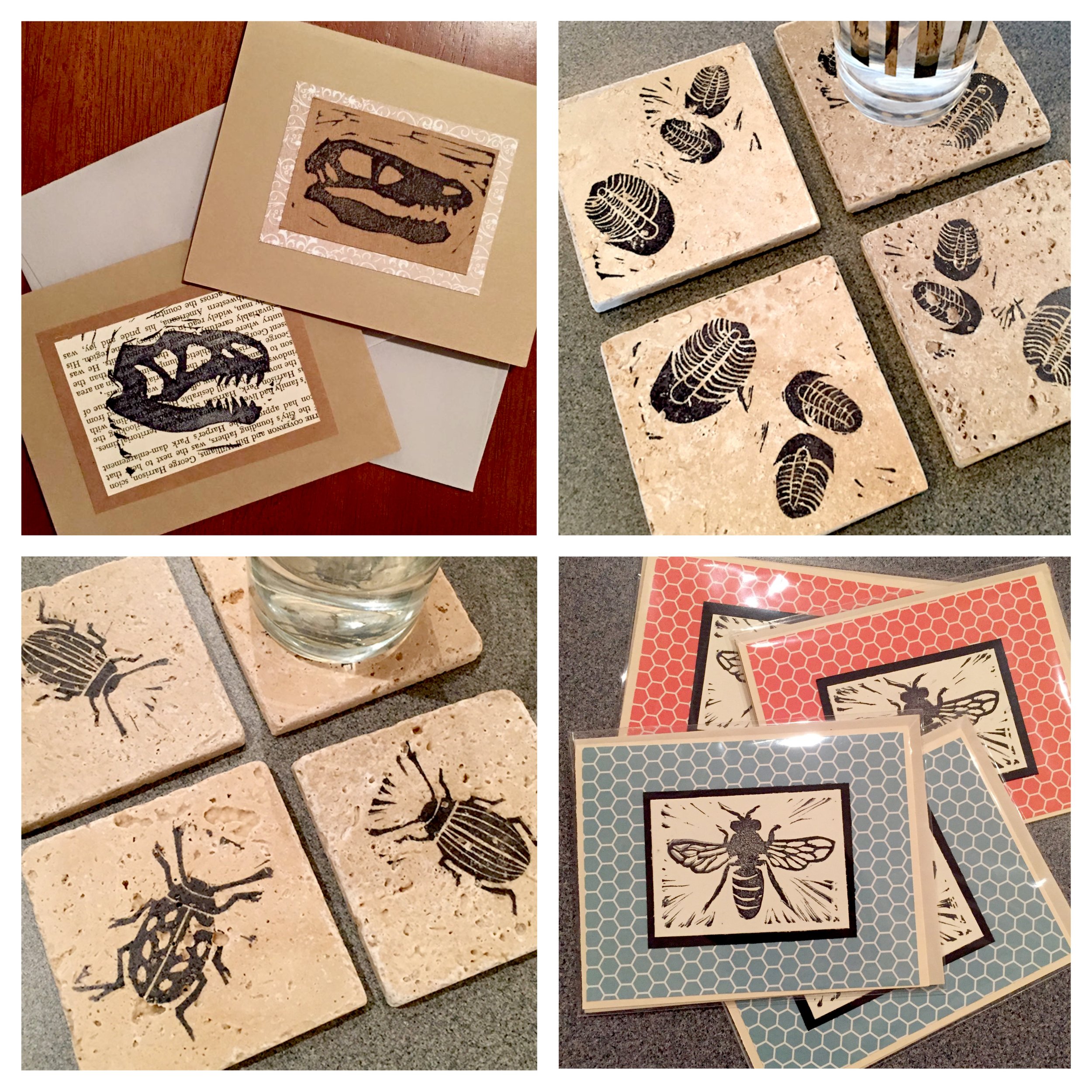 Linocuts Linocuts printed on paper and travertine tiles