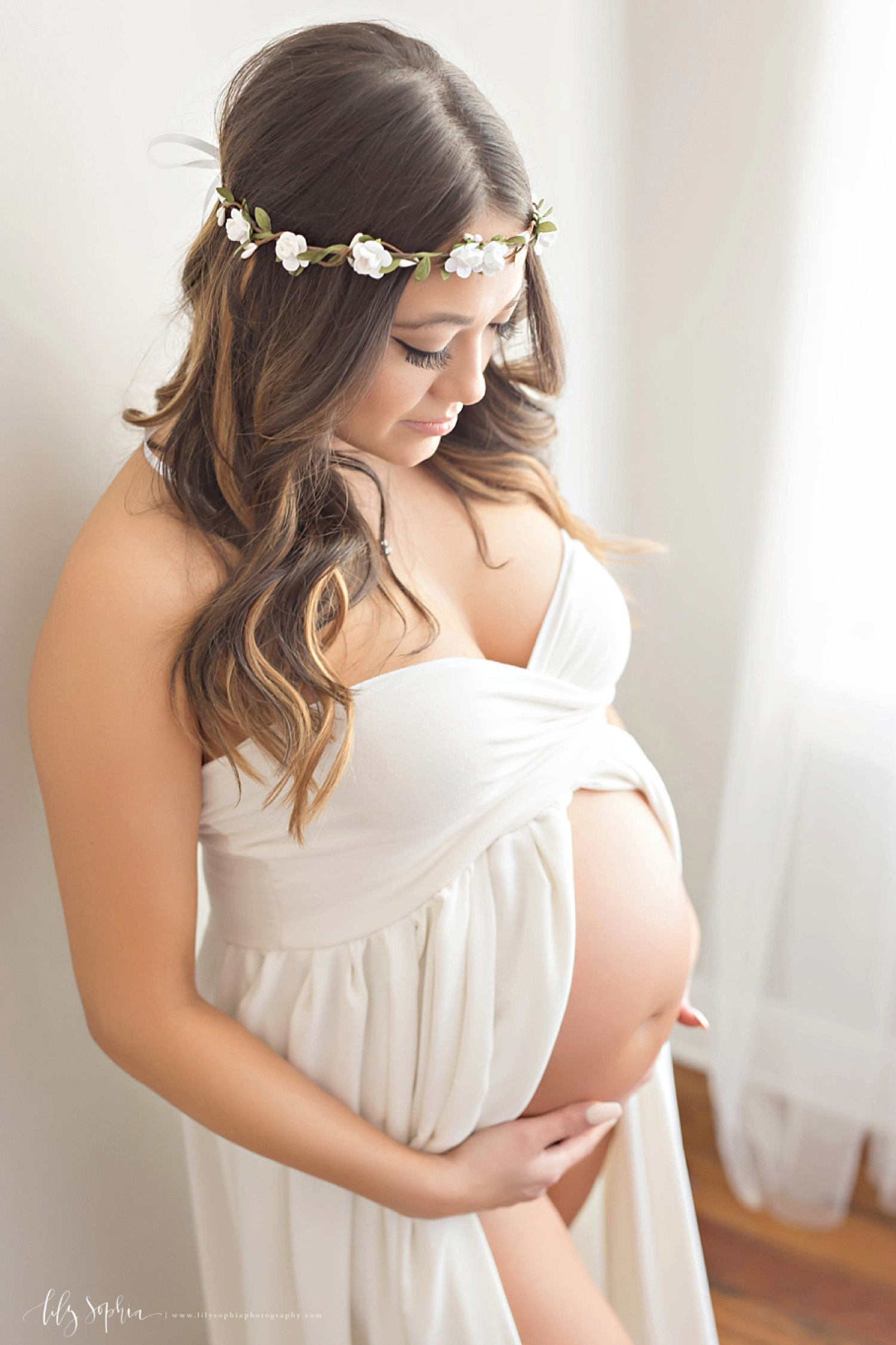 All white maternity photoshoot bodysuit crown