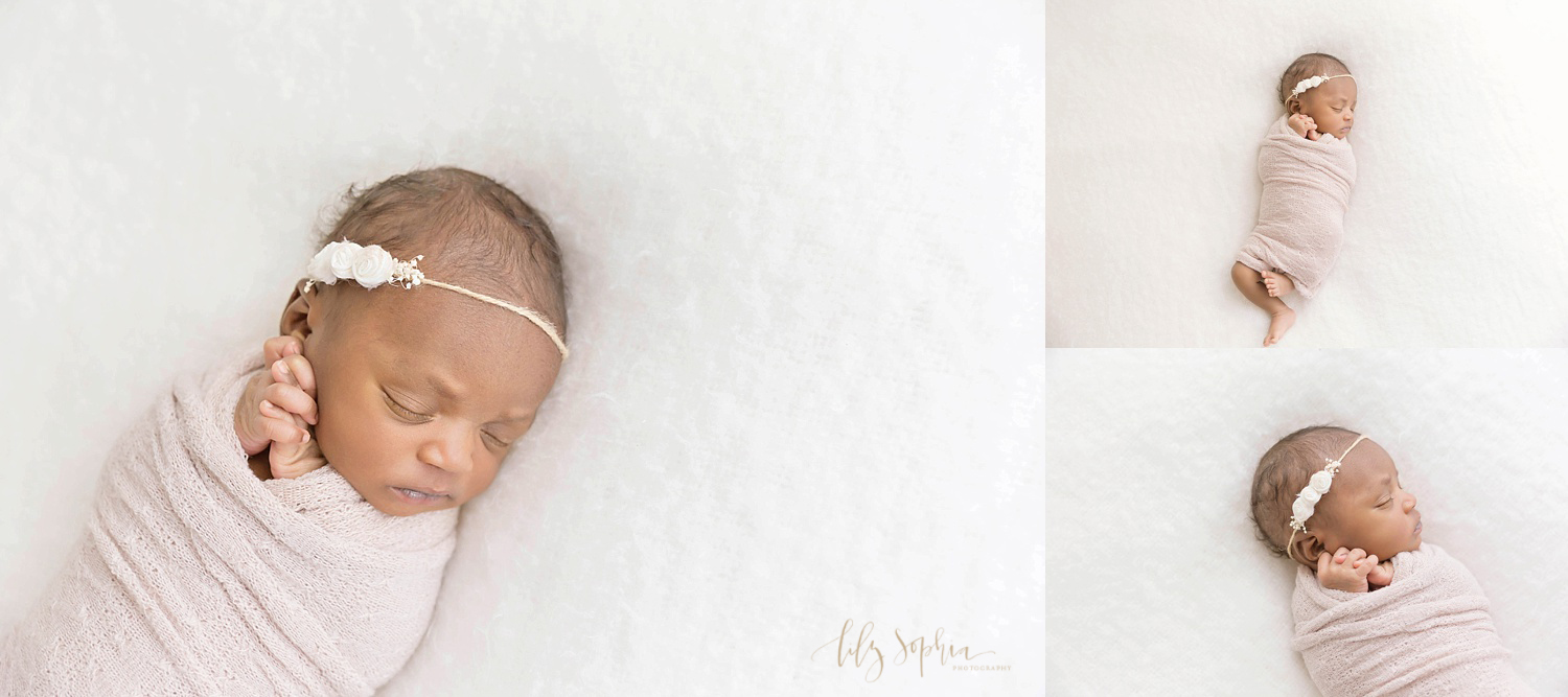  Photo collage of a sleeping African American newborn girl, wrapped in a light pink wrap with her hands clasped together by her chin, and a white flower headband on her head. 