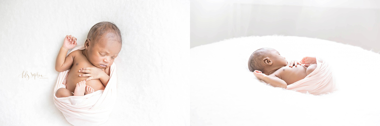  Side by side images of a sleeping African American newborn girl, wrapped in a light pink wrap.&nbsp; 