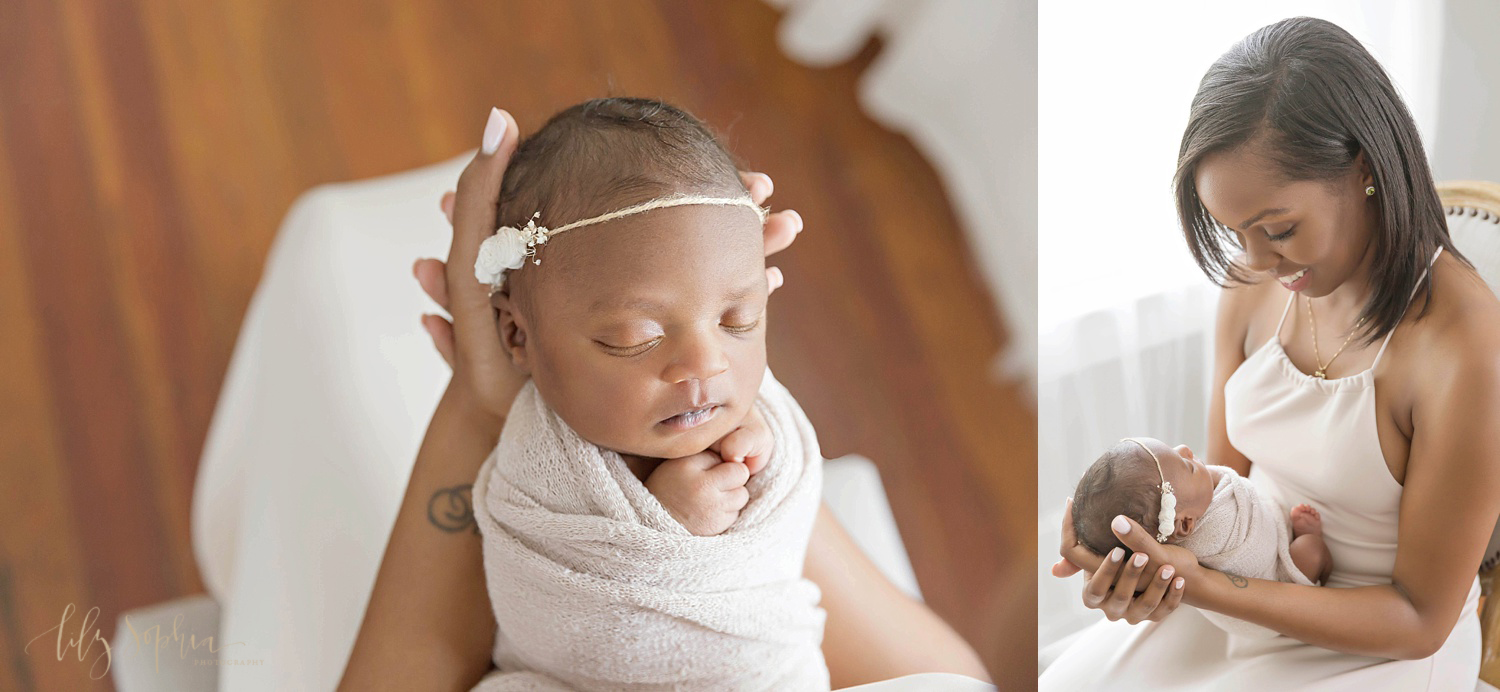  Side by side images, the first is of a sleeping African American newborn girl who is wrapped up in a light pink wrap while her mother holds her in her hands. The second image is of the mother smiling down at her sleeping newborn daughter in her arms