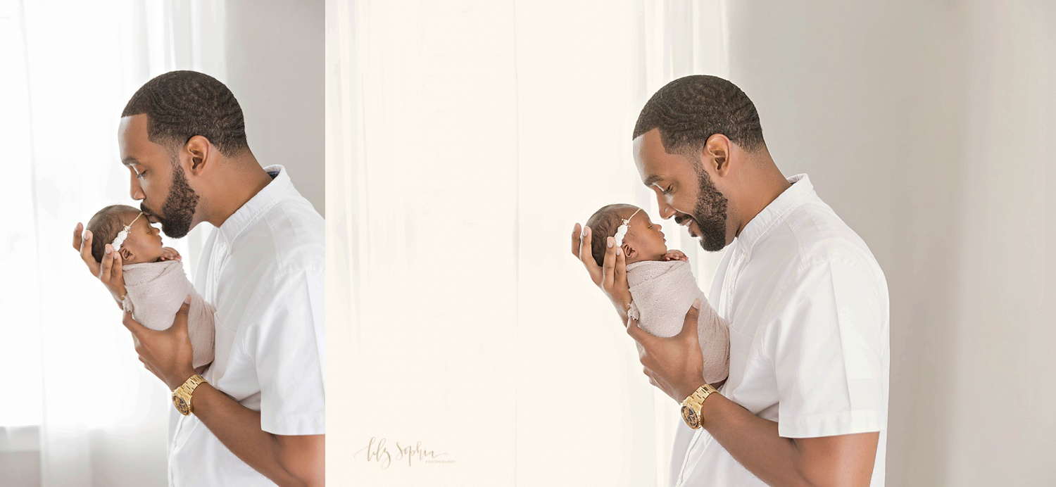  Side by side images of an African American father holding his sleeping, newborn daughter. In the first image, he is kissing her forehead and in the second image, he is smiling down at her. Taken at the natural light studio of Lily Sophia Photography