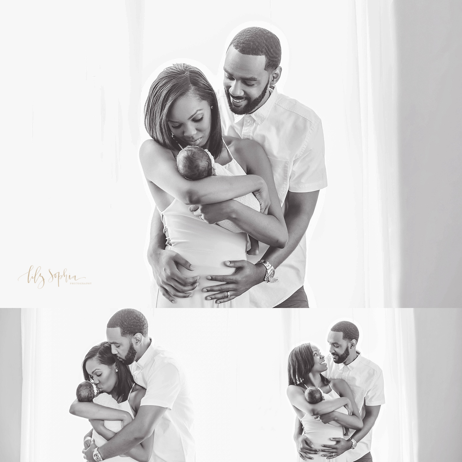  Black and white photo collage of an African American family of three. In the first image the parents are smiling down at their newborn daughter, in the second image the mother is kissing the daughter and the father is kissing the mother's head, in t