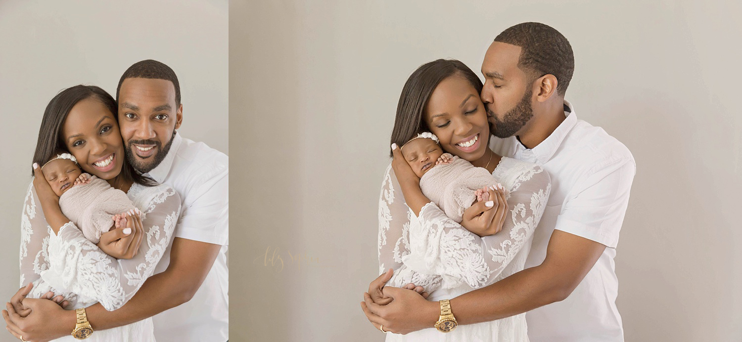  Side by side images of an African American couple and their newborn daughter.&nbsp; 