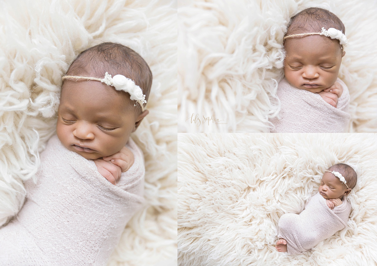 Photo collage of a sleeping African American newborn girl, laying on a cream flokati,&nbsp;wrapped in a light pink wrap and wearing a white flower headband taken in the natural light studio of Lily Sophia Photography.&nbsp; 
