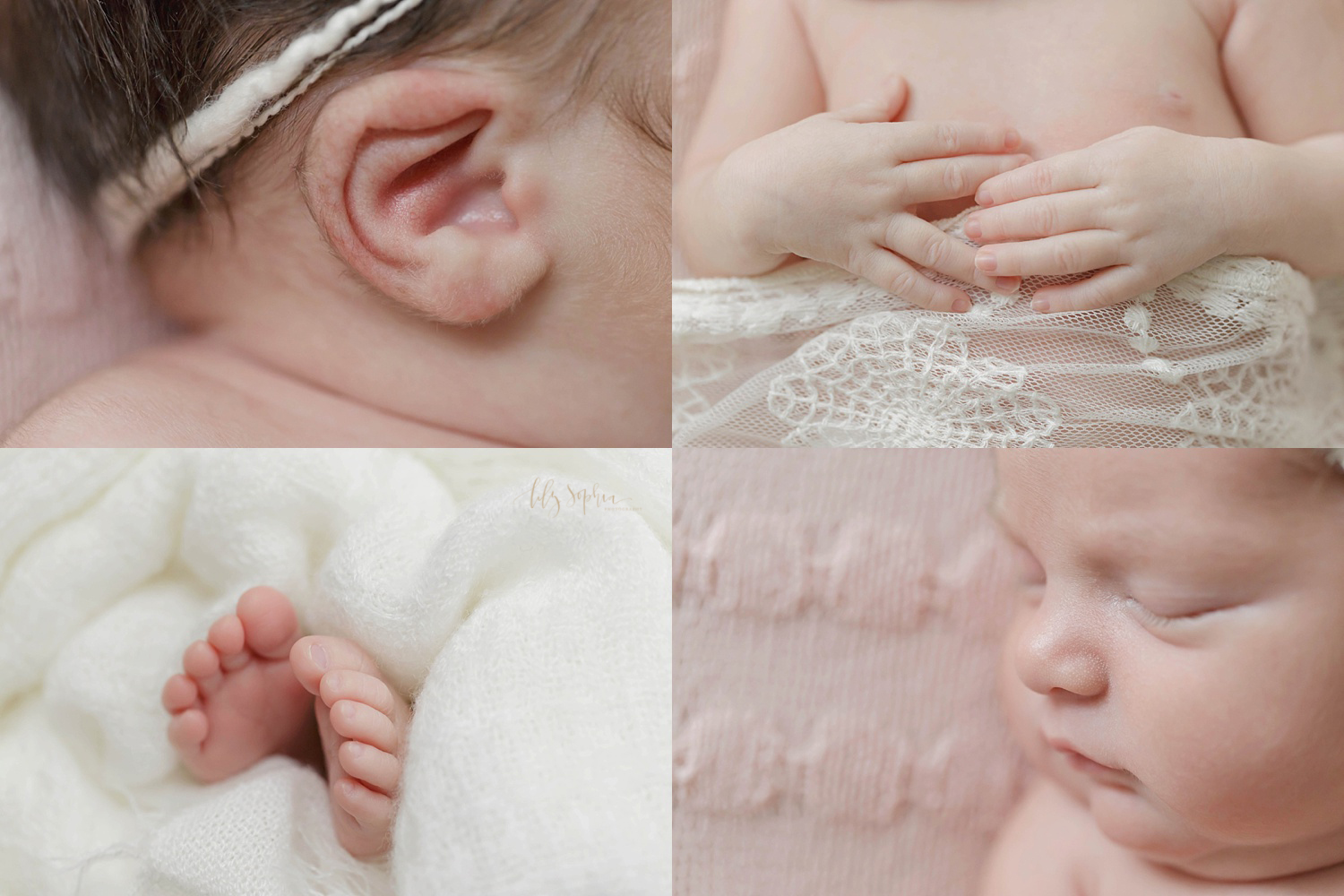  Macro image collage of a newborn's ear, hands, toes and eyelashes.&nbsp; 