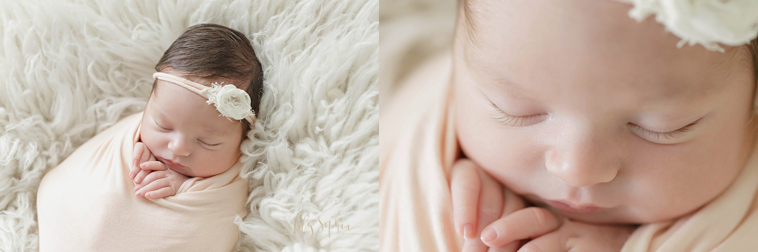  Side by side images of a sleeping, newborn, girl, wrapped in a blanket with her fingers peeking out, and laying on a cream flokati.&nbsp; 