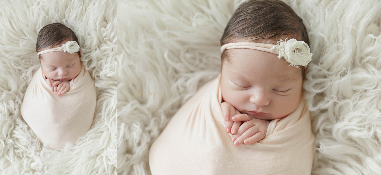  Side by side images of a sleeping, newborn, girl, laying on a cream flokati, wrapped up in a blanket, with just her fingers peeking out, and wearing a flower headband.&nbsp; 