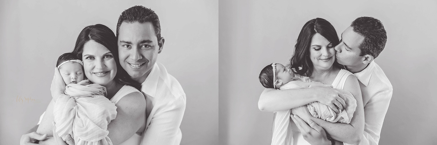  Side by side, black and white images of a mother holding her sleeping, newborn, daughter while her husband hugs her from behind and they both smile at the camera.&nbsp; 