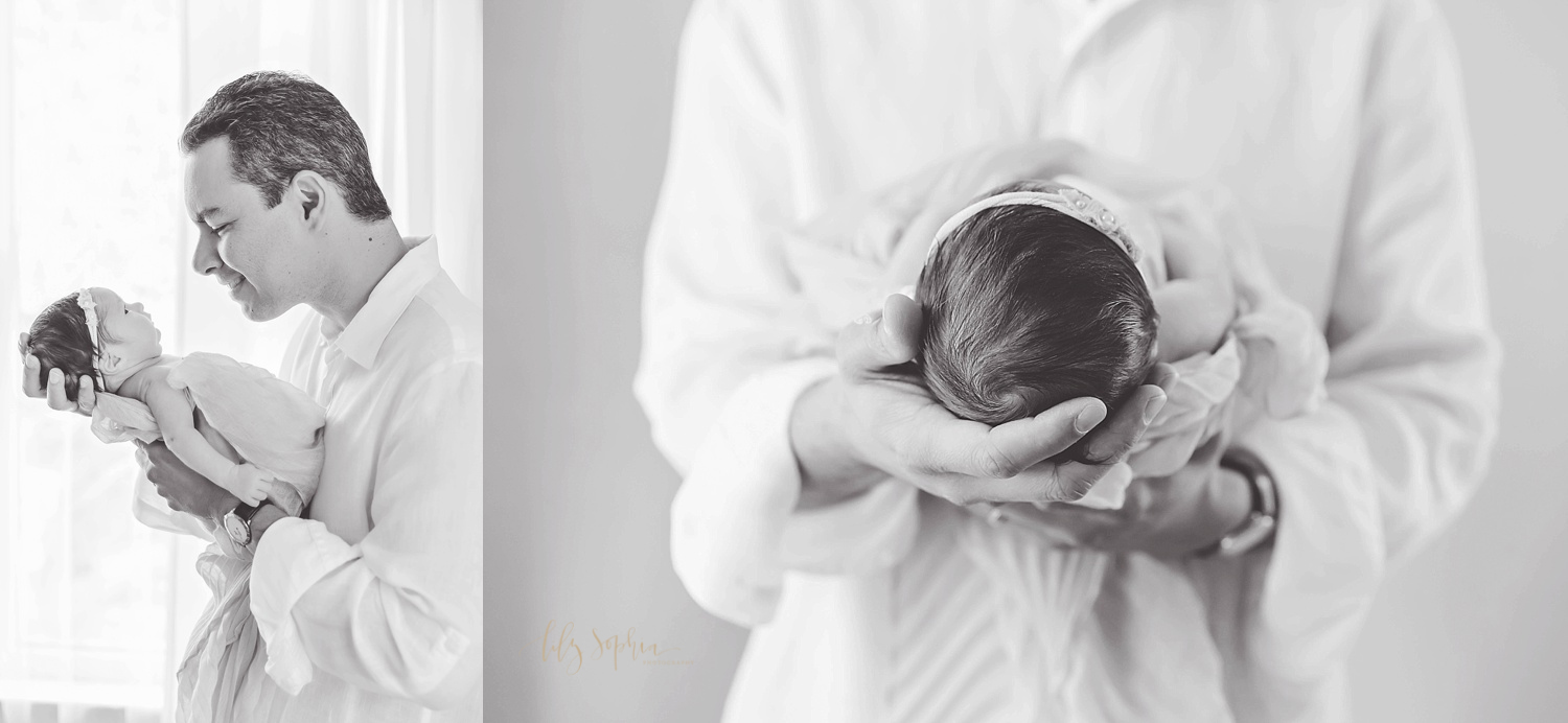  Side by side, black and white images of a father holding his newborn daughter, in his hands and looking down at her.&nbsp; 