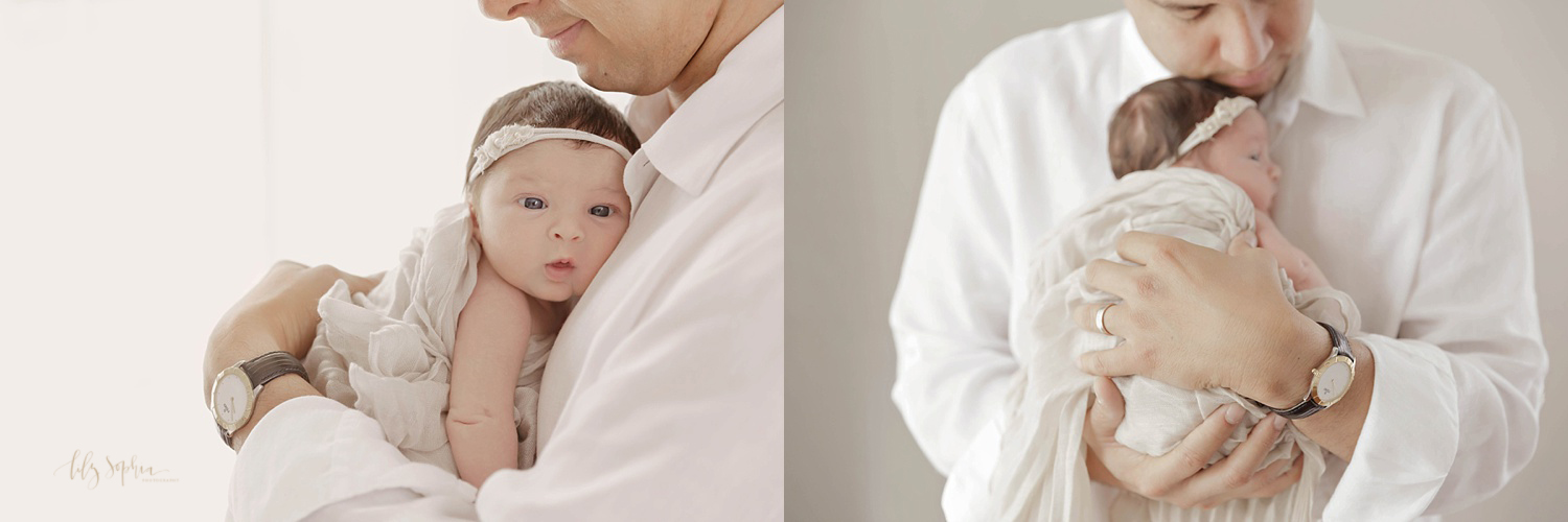  Side by side images of a father holding his newborn daughter to his chest, and smiling down at her.&nbsp; 