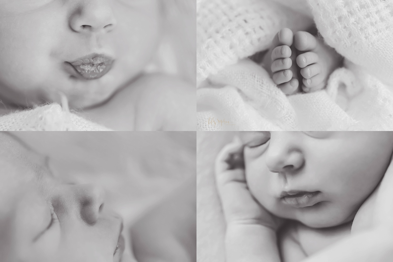  Black and white macro image college of an infant girl's lips, toes, eyelashes and nose.&nbsp; 