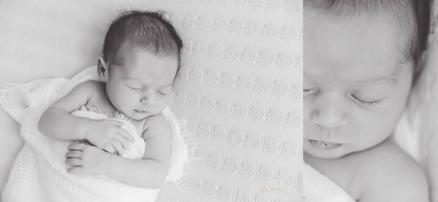  Side by side, black and white images of a sleeping, newborn, infant, girl. The second image is a close up of her eye lashes.&nbsp; 