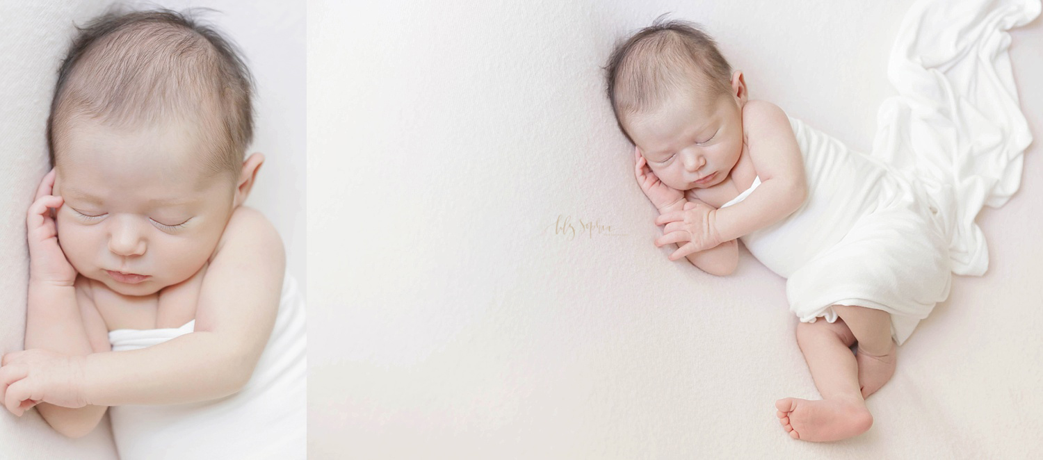  Side by side images, of a sleeping, newborn, infant, girl, on her side with a blanket wrapped around her.&nbsp; 