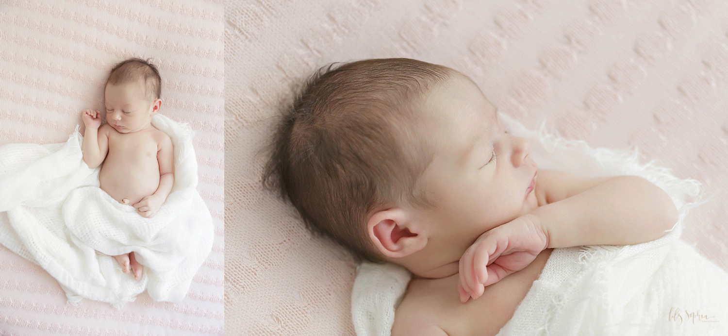  Side by side images of a newborn, infant, girl, laying on her back and partially covered with a white blanket.&nbsp; 