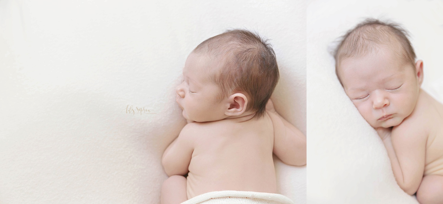  Side by side images of a newborn, infant, girl, sleeping, curled up on her belly.&nbsp; 