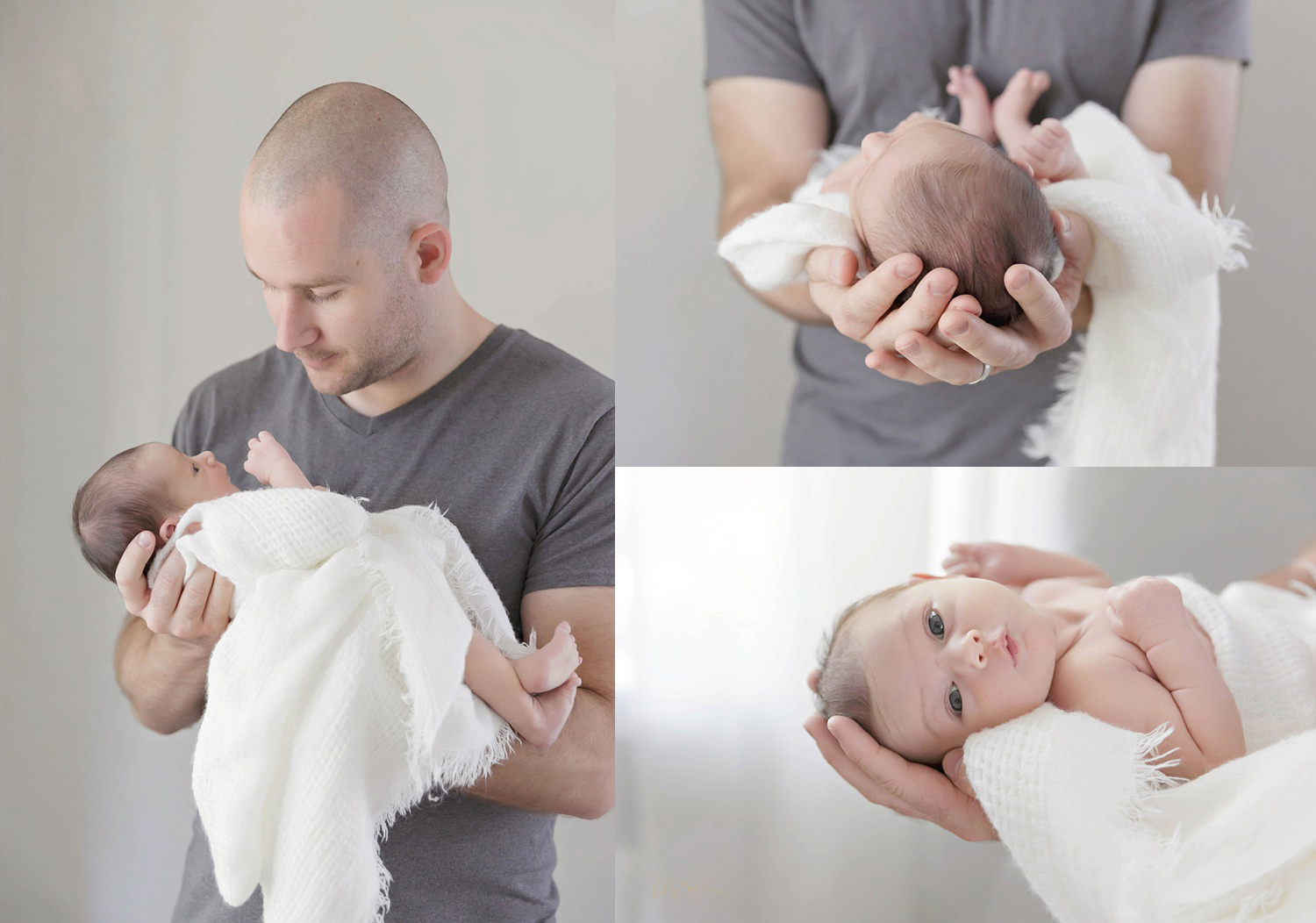  Image collage of a father holding his newborn, baby, daughter in his arms and interacting with her.&nbsp; 