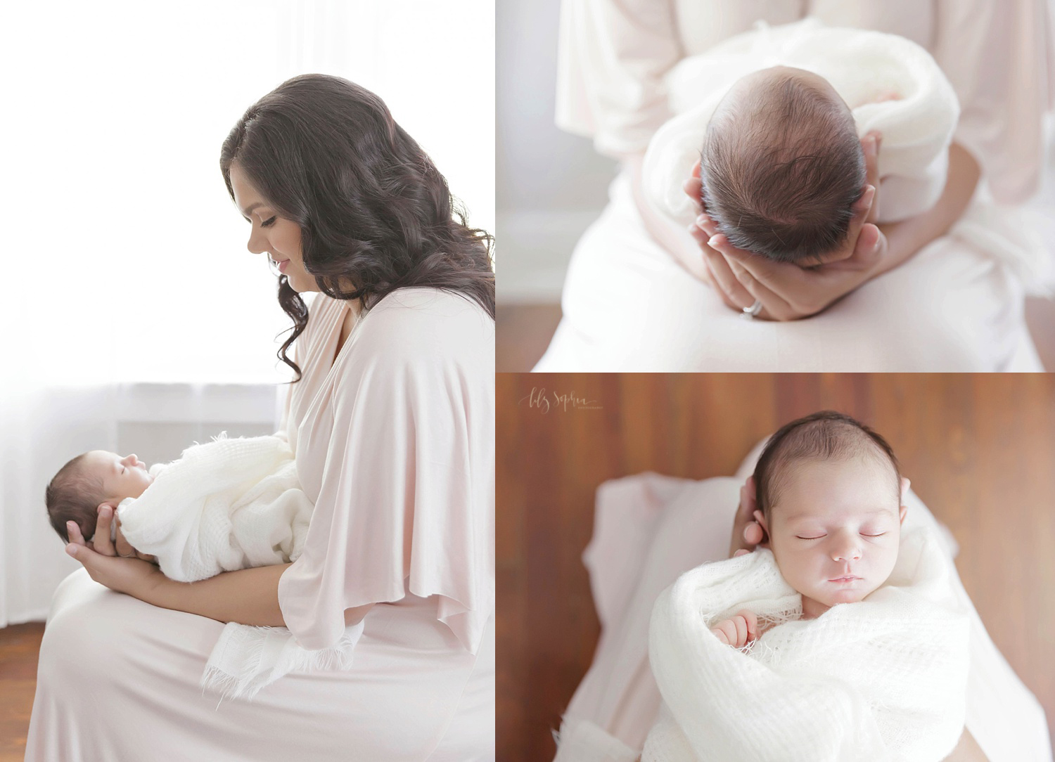  Image collage taken at different angles, of a mother holding her sleeping, newborn, infant, daughter while sitting on a chair.&nbsp; 