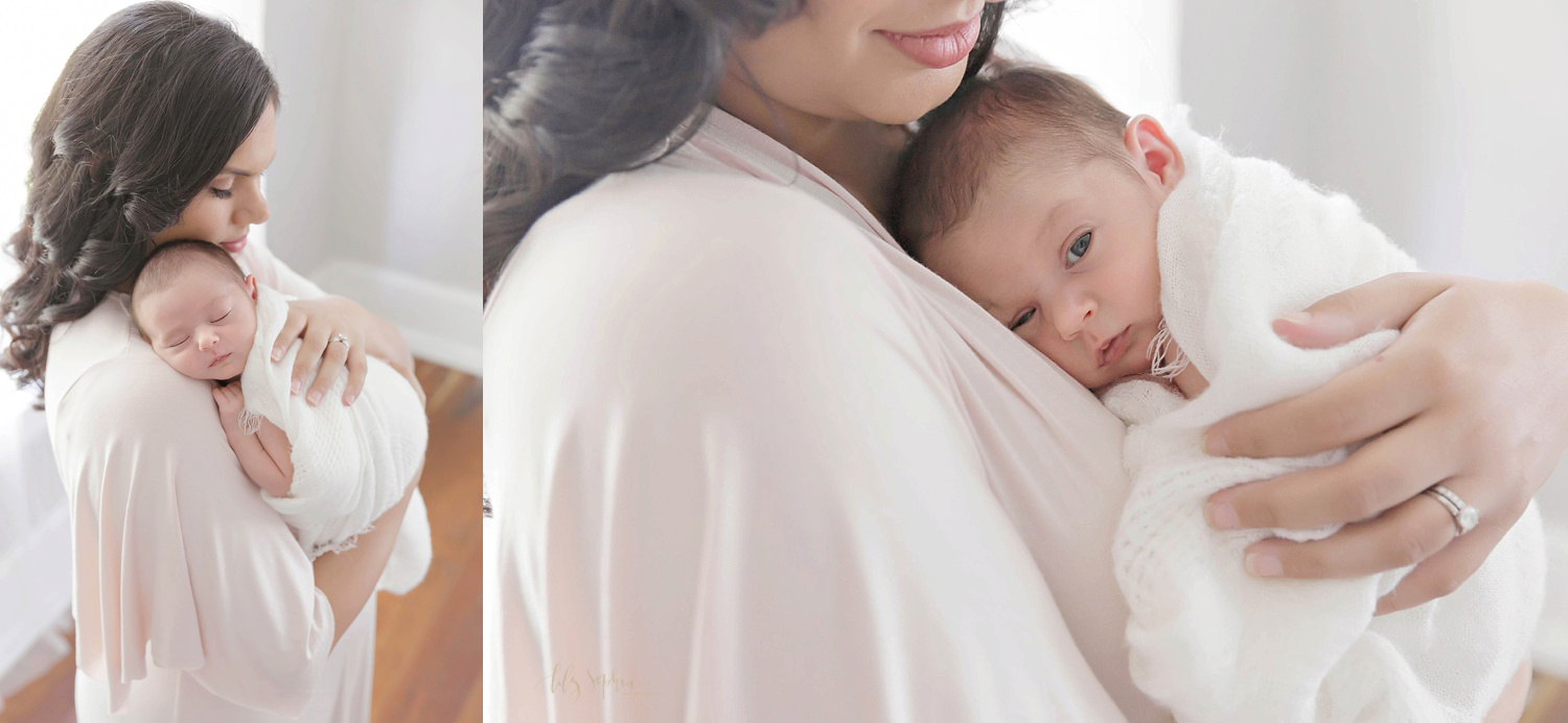  Side by side images of a baby girl on her mother's shoulder. In the first image, the newborn is sleeping, and in the the second image she has her eyes open. 