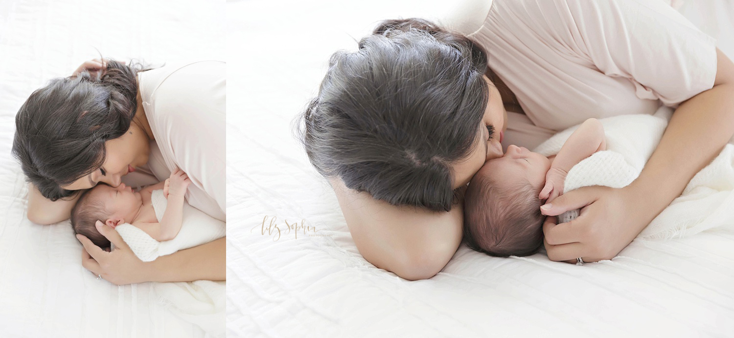  Side by side images of a mother, laying on a bed, snuggling wit her, sleeping, newborn, daughter. 