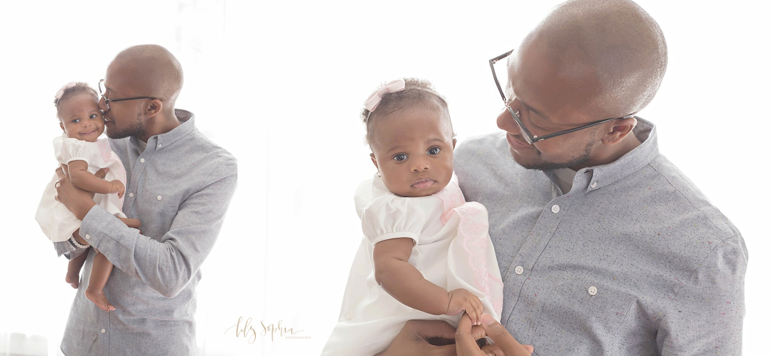  Side by side images of an African American dad, holding his baby daughter in his arms. In the first image he is kissing her cheek, in the second image, he is looking down at her.&nbsp; 