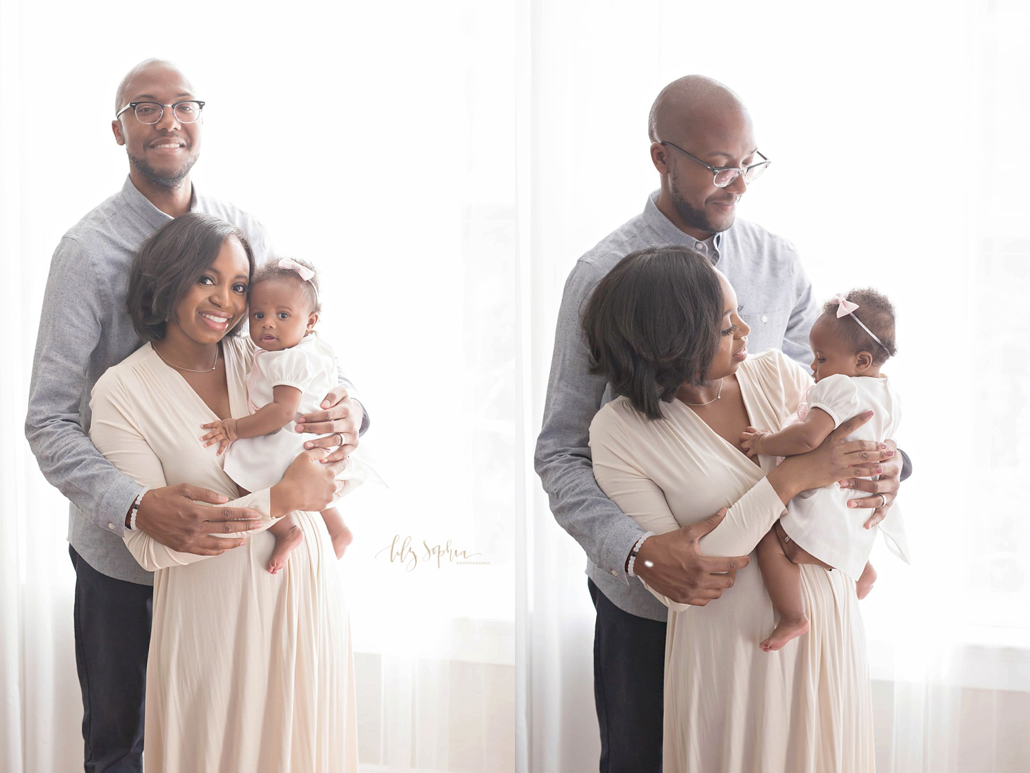  Side by side images of an African American family of three. In the first image, they are all looking at the camera and smiling, in the second image, the mother and father are looking at their baby girl.&nbsp; 