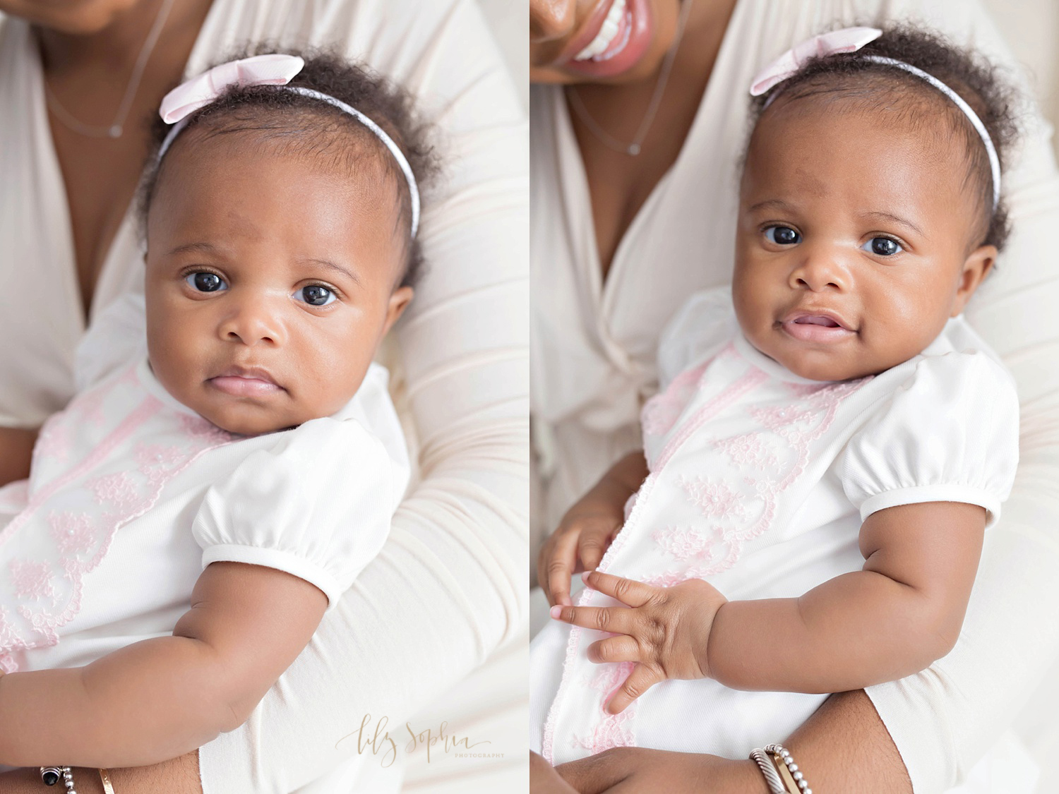  Side by side close up's of an African American, baby girl, sitting on her mothers lap, wearing a pink bow headband and looking at the camera.&nbsp; 