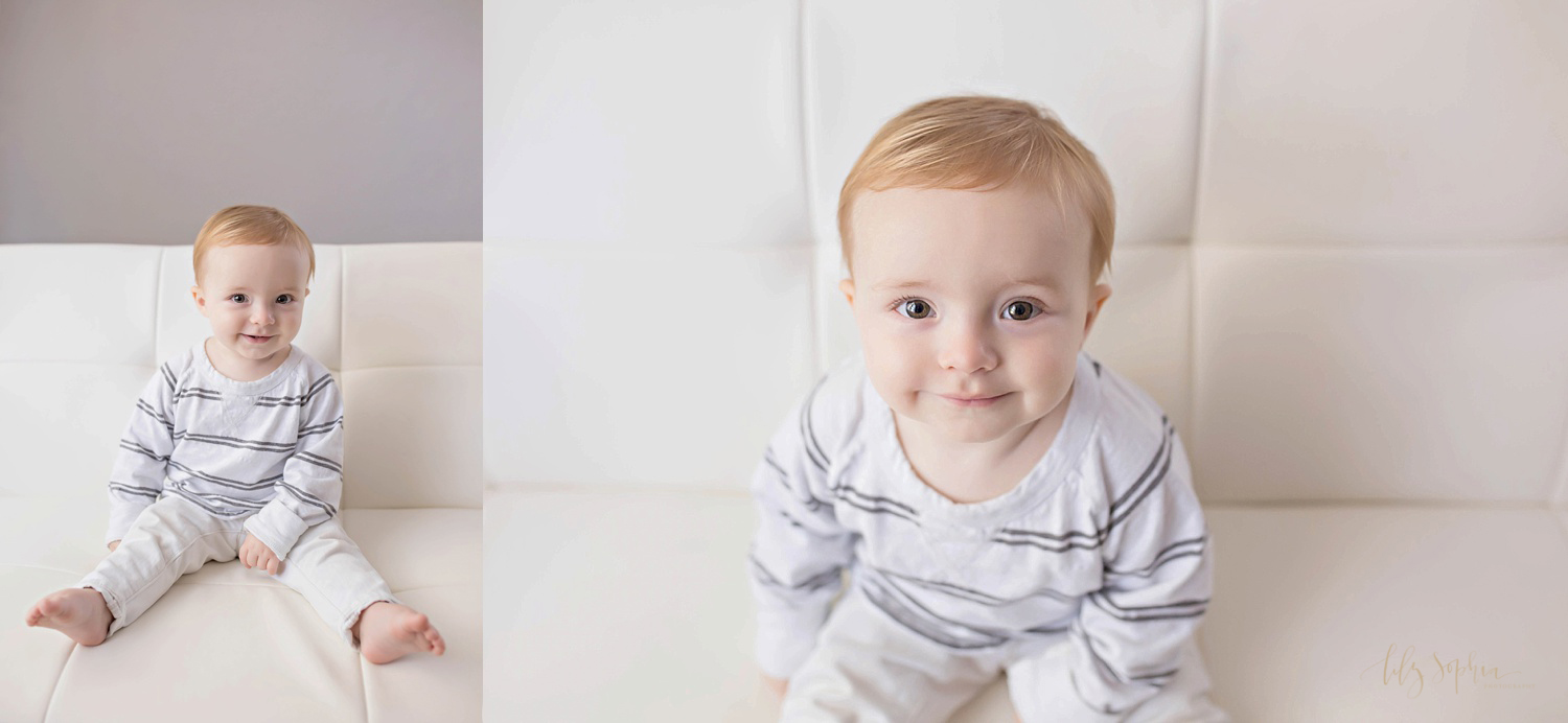  Side by side images of a one year old boy, sitting on a couch, wearing khaki's and a striped shit.&nbsp;&nbsp; 