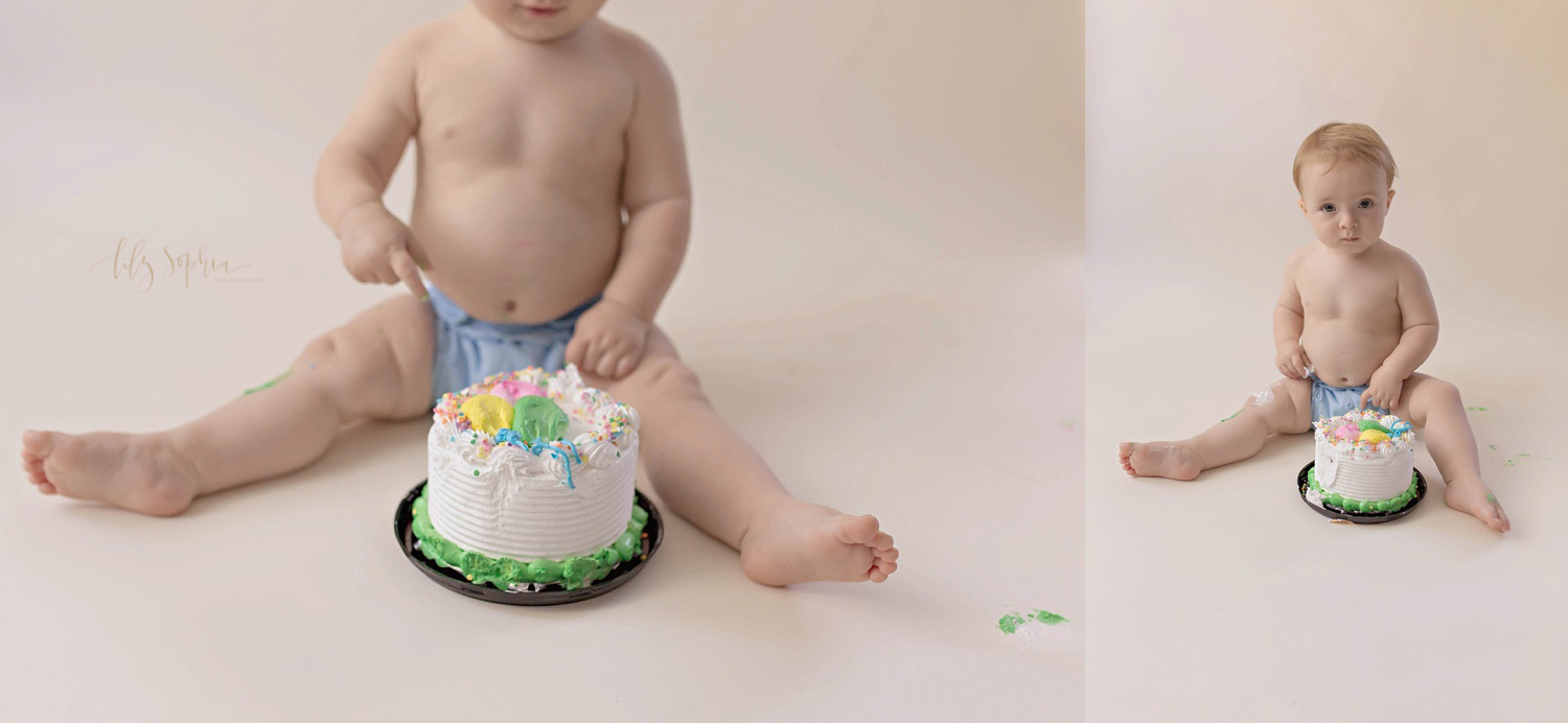  Side by side images of a one year old boy reaching for his smash cake.&nbsp; 