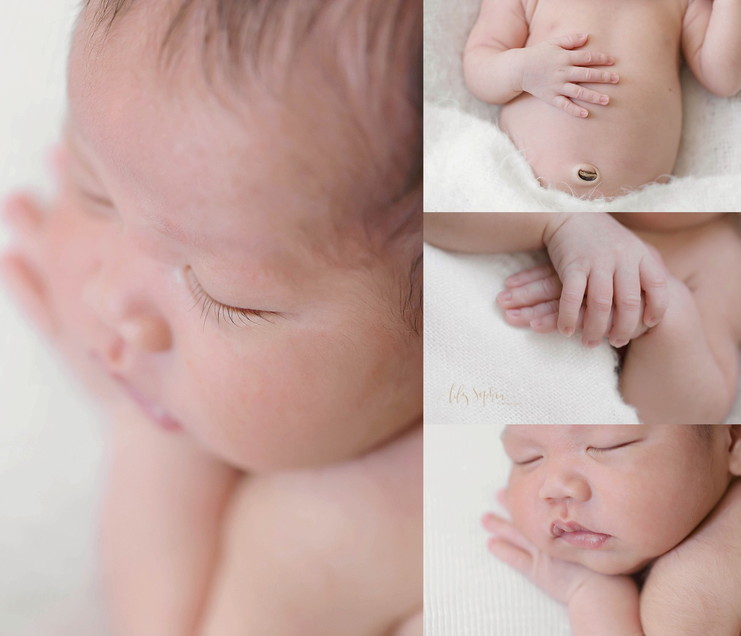  Collage of sleeping Asian newborn boy's eyelashes, hand and bellybutton, hands and lips.&nbsp; 