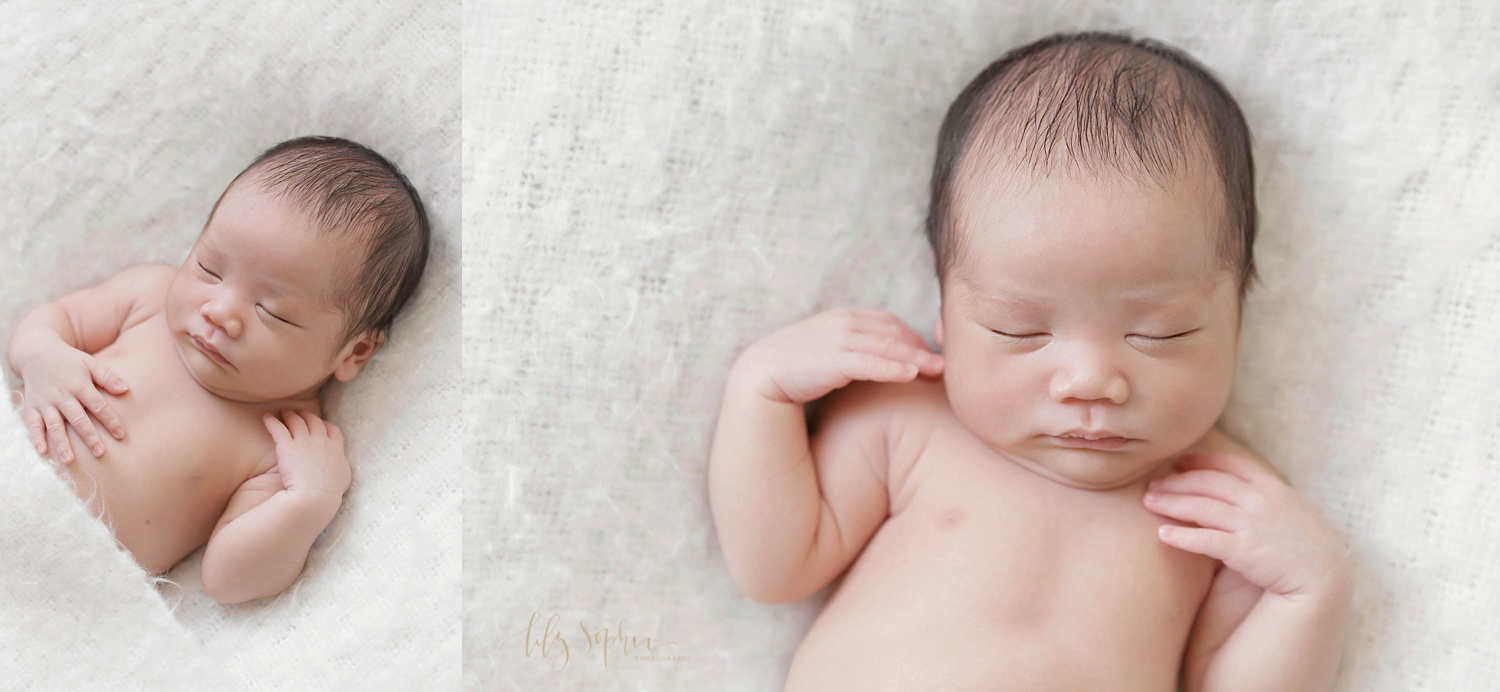  Side by side images of an Asian newborn baby boy sleeping on a white blanket with his chest uncovered. 