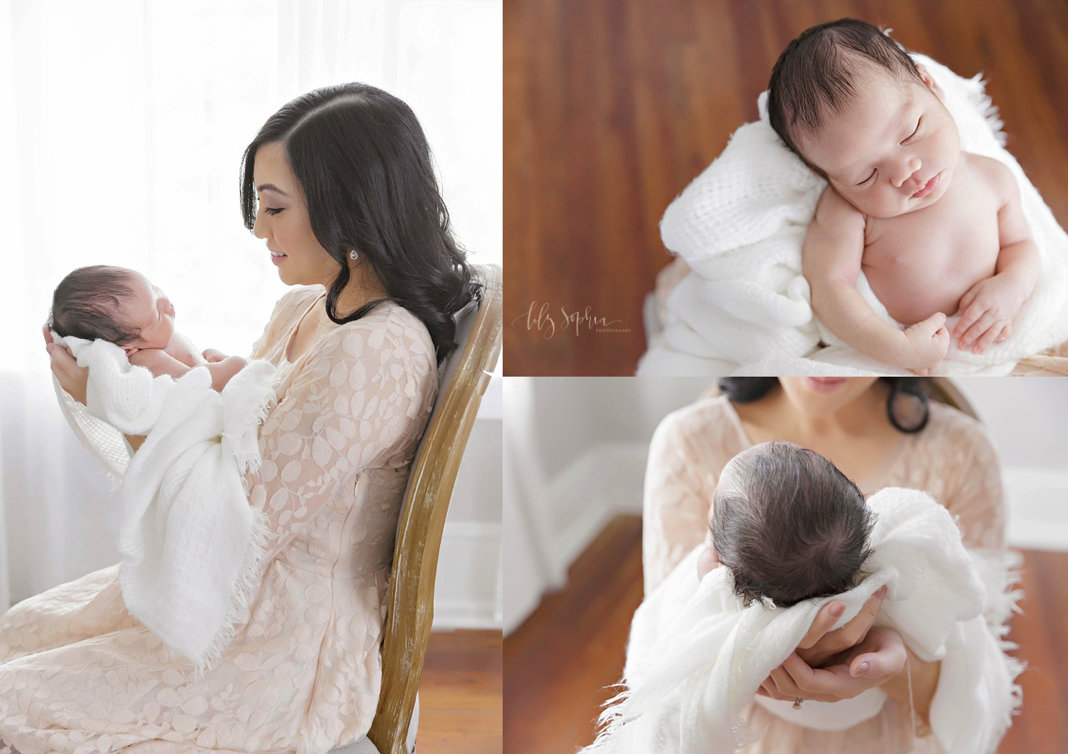  Photo collage of an Asian woman holding up her sleeping newborn son while sitting in a chair, taken in the natural light studio of Lily Sophia Photography. 