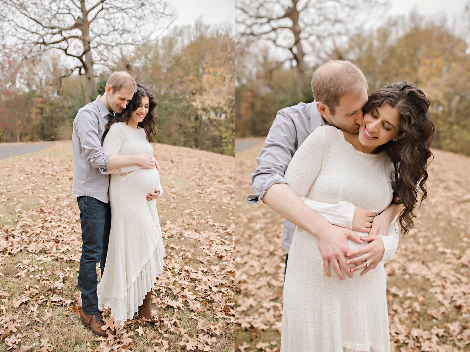 Atlanta couple embracing in park cradling pregnant belly 