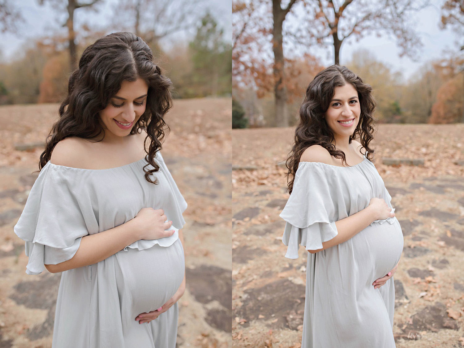 Gorgeous pregnant woman with long dark curly hair wearing off the shoulder maxi dress in local intown Atlanta park