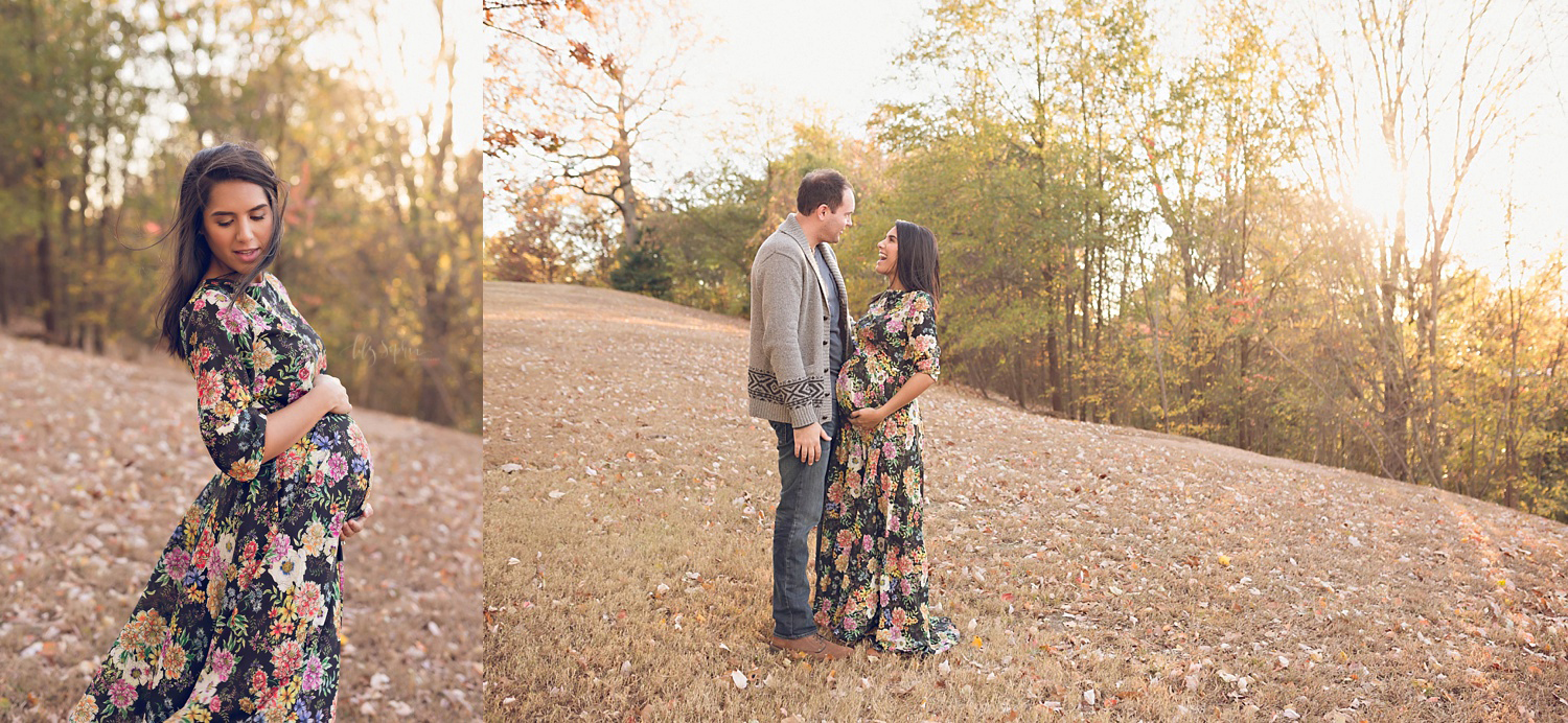  Pregnant woman wearing a floral dress outside in a park in Atlanta, Georgia at sunset with her husband.&nbsp; 