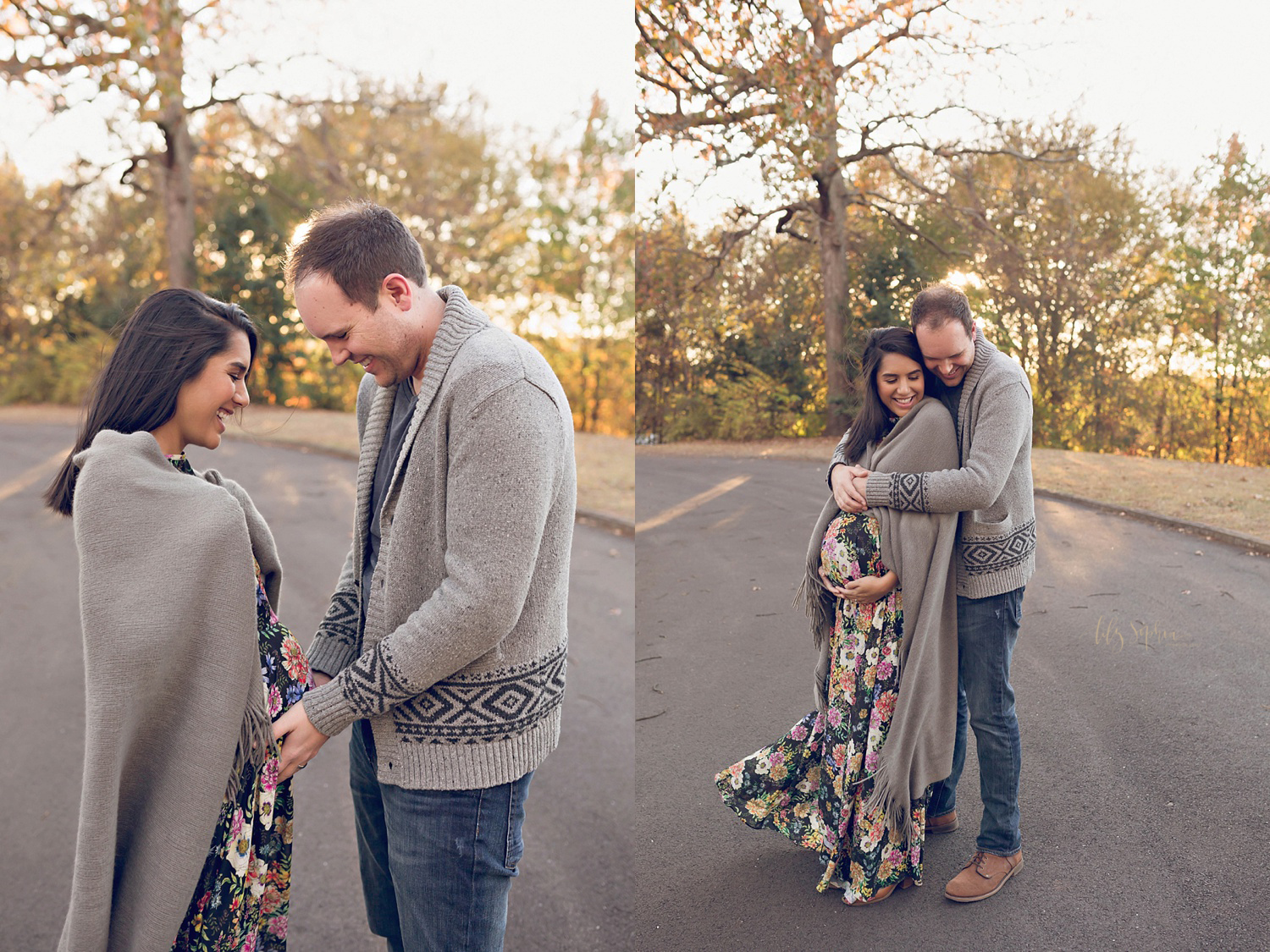  Pregnant woman and her husband wrapped in a grey blanket on a cold winter day in Atlanta, GA. 