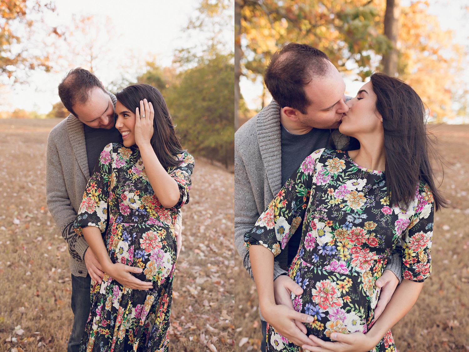  Pregnant woman wearing floral dress snuggling with her husband at sunset in a local Atlanta park.&nbsp; 