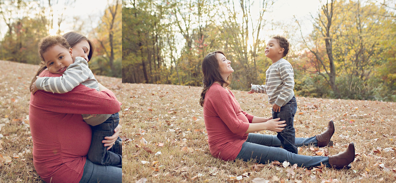  Side by side images of a pregnant mother and her son. In the first image they are hugging while she is sitting in the grass and he is smiling at the camera. In the second image they are looking at each other smiling. 