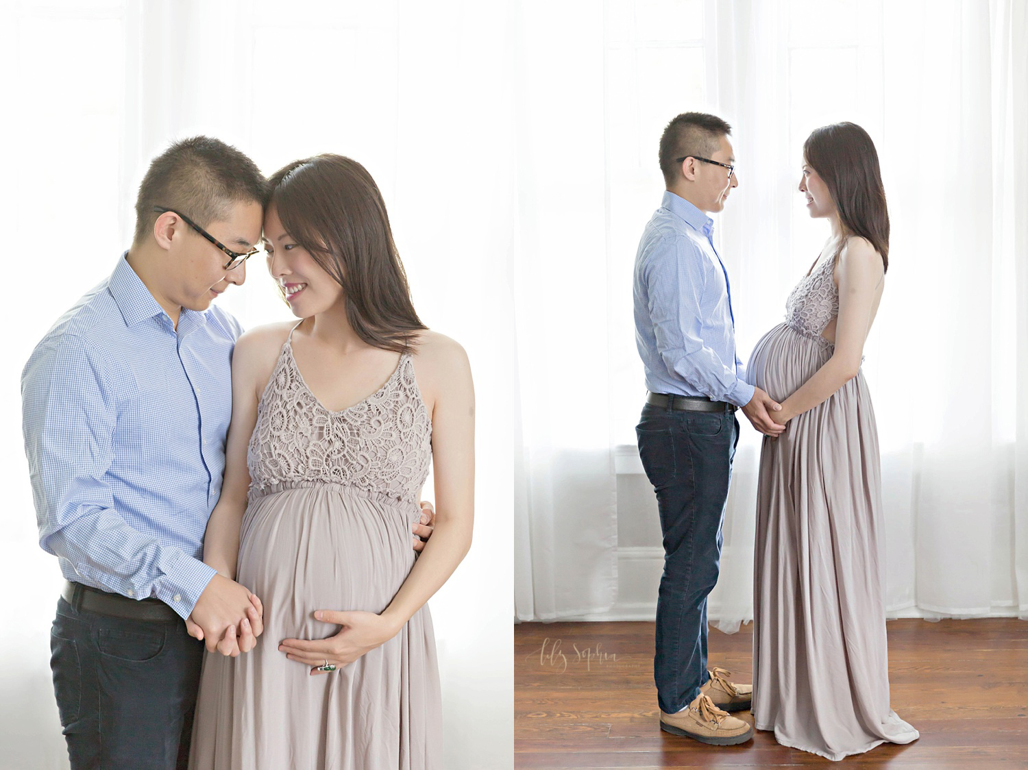  Diptych of two images of a Chinese couple during their maternity session in Atlanta. 