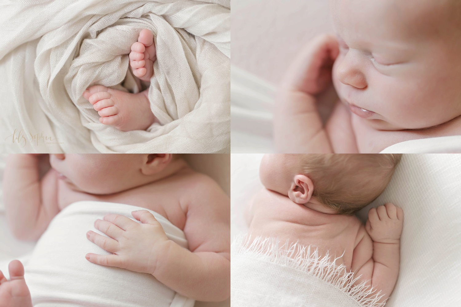 Macro detail pictures of newborn baby girl toes, hand, rolls, and profile taken by Lily Sophia Photography ofAtlanta, Georgia