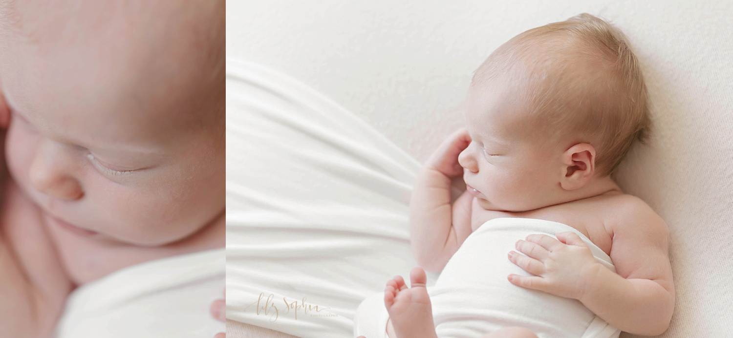 Sleeping newborn baby girl on pink blanket wrapped in cream jersey knit wrap in an Atlanta natural light studio 