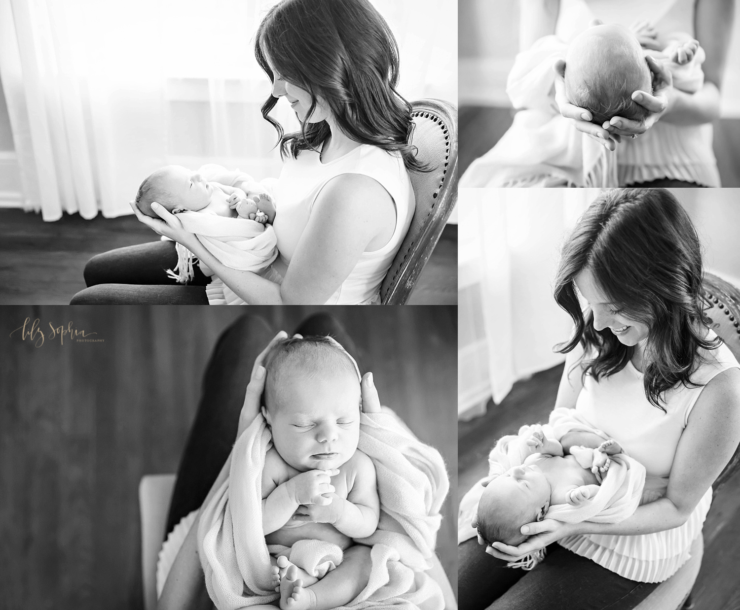 Black and white portrait collage of new mother sitting and holding her newborn baby girl in Atlanta, Georgia