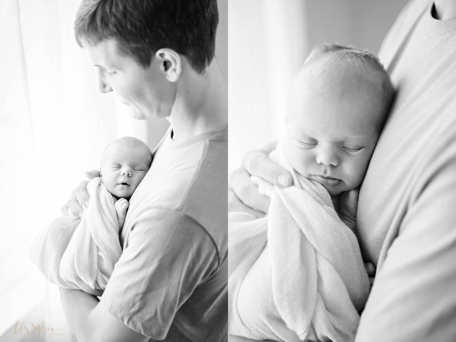Black and white portrait taken by Lily Sophia Photography of Atlanta of new father cradling newborn baby girl to his chest 