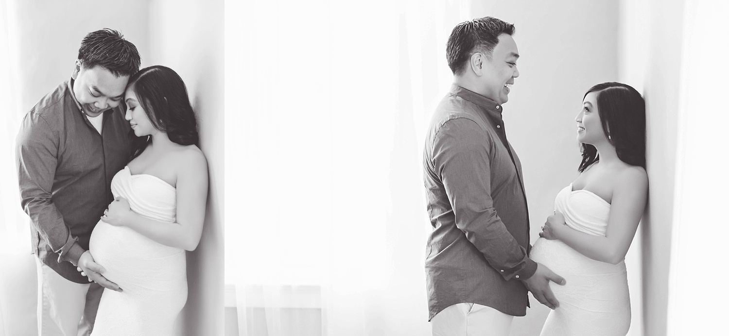  A Chinese man and Filipino woman expecting a baby boy embrace during their maternity session in Atlanta.&nbsp; 