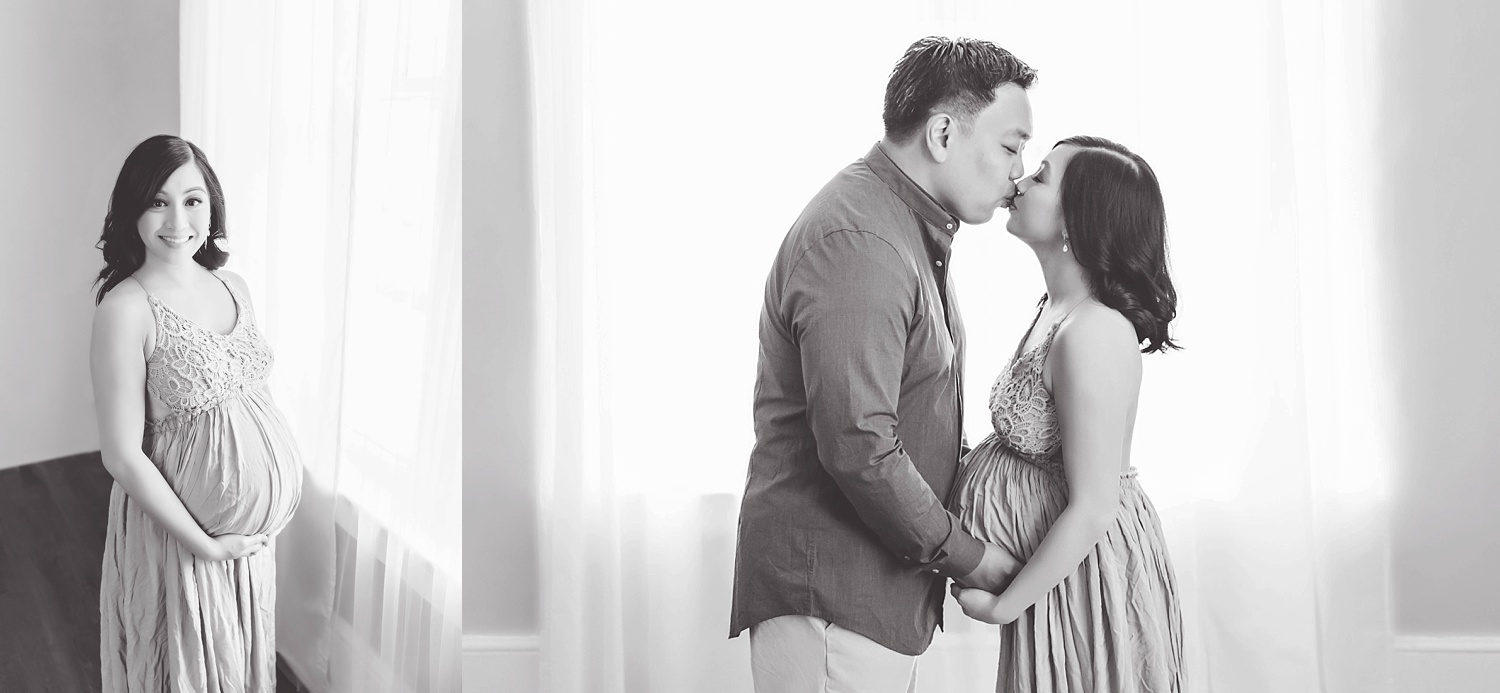  A pregnant Filipino woman and her Chinese husband kiss during their Atlanta maternity session.&nbsp; 