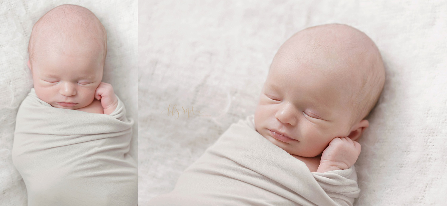  Side by side images of a sleeping, newborn boy.&nbsp; 