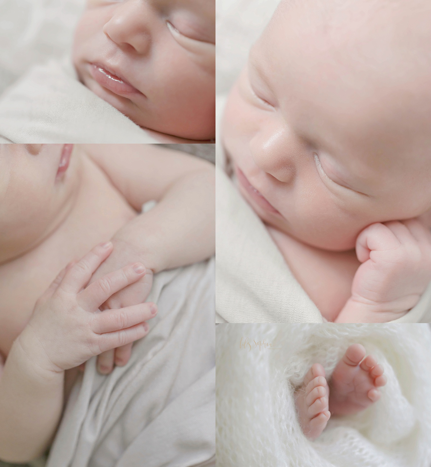  Macro image collage of a newborn boy's lips, fingers, nose and toes.&nbsp; 