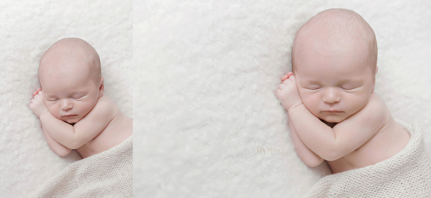  Side by side images of a newborn boy, sleeping on his side ,with his arms tucked under his face taken at the natural light studio of Lily Sophia Photography.&nbsp; 