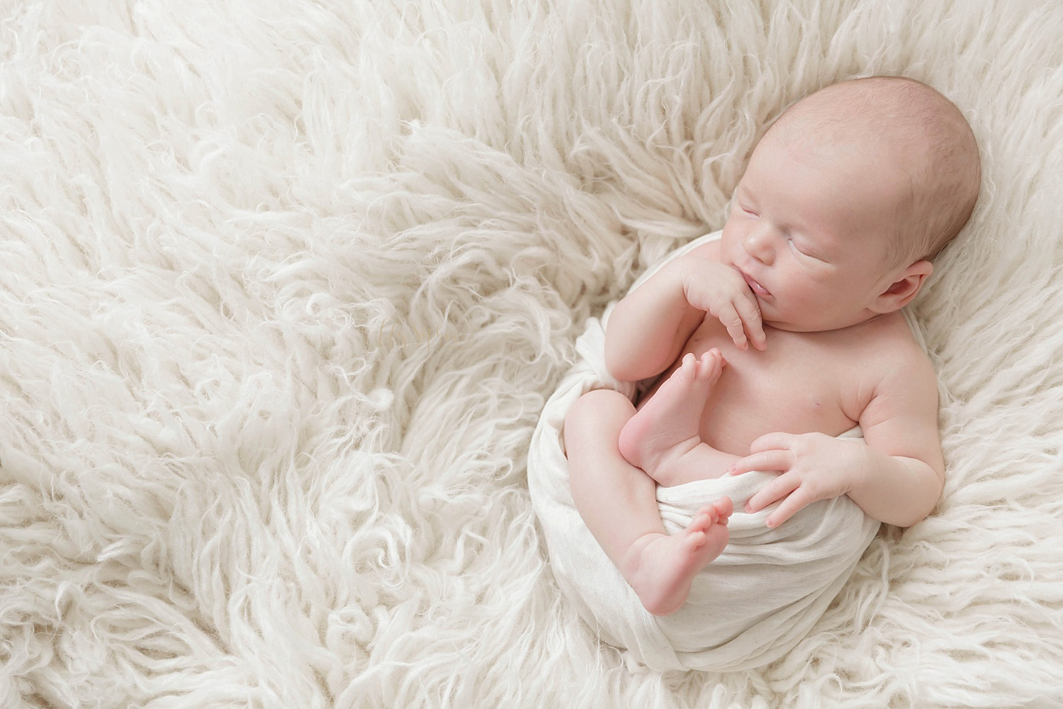  Sleeping, newborn, boy wrapped up in the egg pose laying on a cream flokati, taken at the natural light studio of Lily Sophia Photography.&nbsp; 